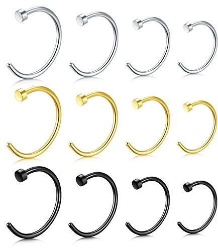 JFORYOU 12-24 Stück Edelstahl Nasenpiercing Nase Ring Nasenring Piercing Hoop 18G 1.0mm 6mm 8mm 10mm 12mm Silber, Gold und Schwarz