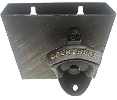 Luwanburg Cast Iron Beer Cap Opener Wall Mounted Bottle Opener with Cap Catcher Post Mounted (Aged Gold)