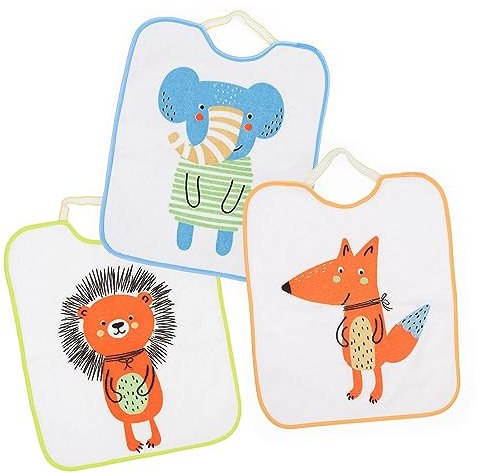 Ti TIN Pack de 3 Baberos Impermeables estampados con Cuello Elástico - Extra Suaves y Absorbentes - Baberos de Microfibra con Forro Impermeable Apto para Secadora - Para Bebés +12 Meses y Guardería