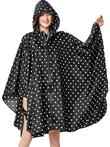 NUUR Damen Regenponcho Regenmantel Unisex Regenjacke Wasserdicht Regencape Wiederverwendbar mit Kapuze Schwarz Punkten