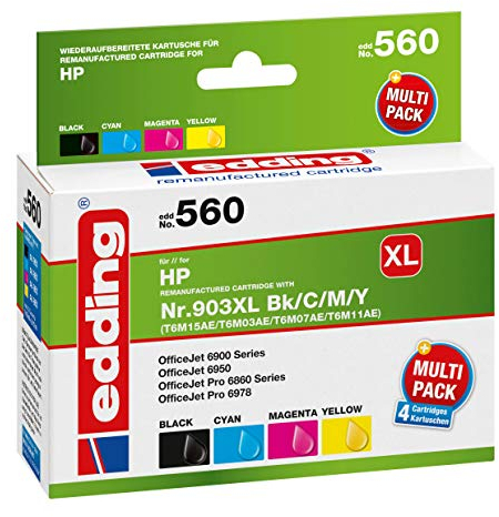 edding Druckerpatrone EDD-560 - Multipack 4 - Schwarz, Cyan, Magenta, Gelb - 1x 30 ml + 3x 12 ml - Reichweite 1x 950 3x 850 Seiten - Ersetzt HP 903XL (T6M15/T6M03/T6M07/T6M11)
