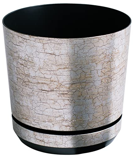 KORAD - Pot de fleurs avec soucoupe intégrée, décor 019, argenté antique, diamètre 18 cm, pot pour plantes, en plastique, de haute qualité, décoratif avec trous de drainage