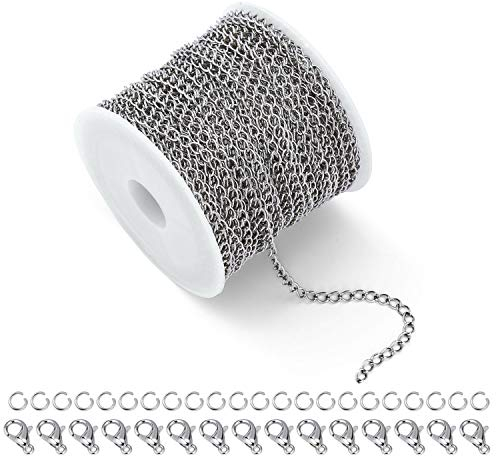33 Füße Ketten Basteln Gliederkette Edelstahl Kabel Kette Silber Halsketten mit 20 Karabinerverschluss und 50 Sprung Ringe für DIY Schmuckherstellung,Silber(3 mm)