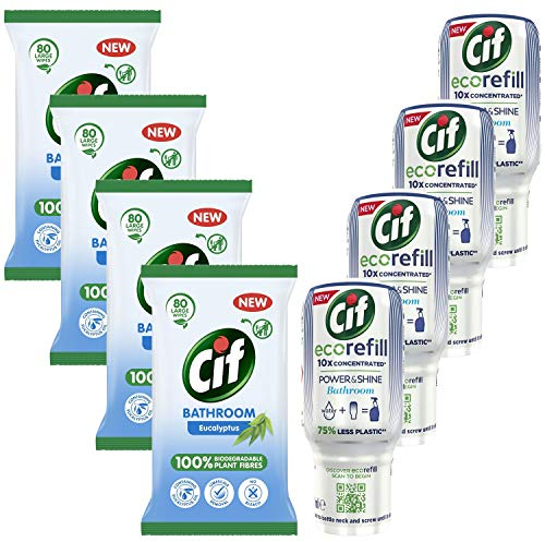 Cif Toallitas biodegradables para baño, 4 paquetes de 80 hojas grandes y rellenos de baño Power & Shine, paquete de 4