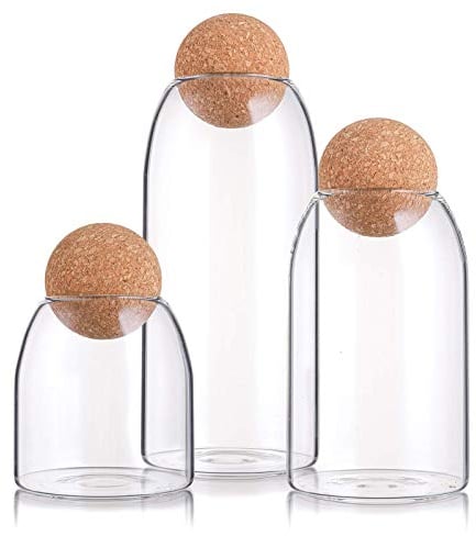 Suwimut 3 Pack Glass Jar with Airtight Cork Lid Ball, Clear Candy Jar Mason Jars Food Storage Canister with Seal Wood Cork Round for Serving Spice Sugar Salt Tea, 500ML, 900ML, 1200ML