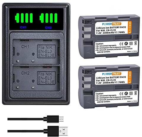 PowerTrust 2Pcs 2400mAh EN-EL3E Battery and Charger with USB and type-C port for Nikon D30 D50 D70 D70S D90 D80 D100 D200 D300 Camera