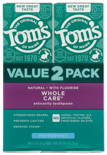 Tom's of Maine Whole Care Natural Toothpaste with Fluoride, Peppermint, 4 oz. 2-Pack (Packaging May Vary)