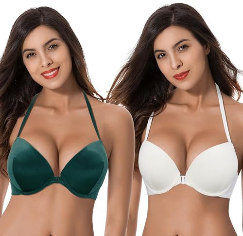 Curve Muse aux Femmes Push up Ajouter 1 Tasse et demie À Armatures, Licou Devant Fermer Soutien-Gorge-Paquet de 2-Blanc, DK Vert-105F