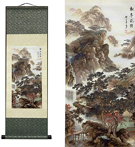 Valart Rollbild aus Seide Asiatisch Wand Dekoration Wasserfall Fluss Landschaft Gemälde - Kiefernpavillon Leichter Wind Schön Chinesische Kunstwandrolle Hängende Bildrolle Orientalisches Dekor