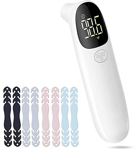 LEYF R-9 Termómetro digital sin contacto con pantalla LCD con 3 modos de color – Termómetro frontal para bebés adultos + gancho para máscaras, color blanco