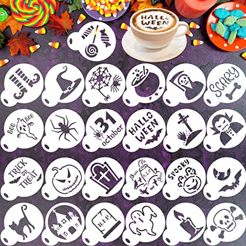Qpout 25 Stück Halloween Plätzchen Kaffee Schablonen Backschablonen, Wiederverwendbare, Waschbare Kuchen Süßigkeits Zeichnungsvorlagen, Süßes oder Saures Schädel Geist Dessert Malform