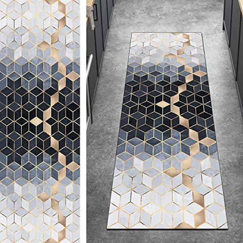 Ymural Teppich Läufer Lang Flur Geometrisch Teppichmatten 50x500CM Grau Gold Kücheläufer rutschfest Meterware Teppichläufer Waschbar Kurzflor Polyester Korridor, Breite 40-120cm