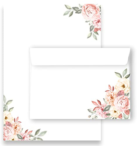 Lot de 100 feuilles de papier à lettre élégant avec roses de vieux rose et tons pastel délicats imprimés 2 côtés A4 120 g/m² C6 80 g/m² Enveloppes vintage avec 50 enveloppes