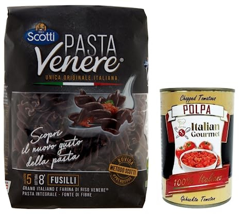 Italian Gourmet Pasta Venere Fusilli pasta di riso nero 1 x 400g Nudeln | Con farina integrale, aus Hartweizengrieß; perfekte Spiralform für Saucen, Gesamtnettogewicht 400 g + Kostenlos Polpa 400g