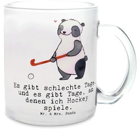 Mr. & Mrs. Panda Teetasse Panda Hockey Spielen - Geschenk, Teetasse aus Glas, Dankeschön, Feldhockey, Hockey Verein, Hockeyschläger, Gewinn,