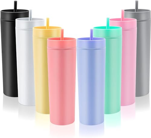 8 Pcs Skinny Tumblers 16oz Matte Pastel Colored Acrylic Tumblers Double Wall Plastic Tumblers with Lids and Straws Vinyl DIY Gifts Reusable Cup for Cold Hot Drinks Tumblers Bulk
