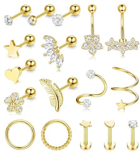 LOLIAS 17 Stück 16G Helix Piercing 316L Chirurgenstahl Ohr Gold Conch Tragus Piercing Set Damen