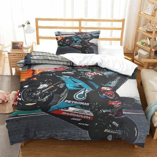 AAHARYA 3D-Einzelbettbezug-Kissenbezug-Set, Moto Gp Racing, Bettbezug-Set für Erwachsene, Bedruckte Bettwäsche, Bettset 3-teilig, Einzelbett (135 x 200 cm)