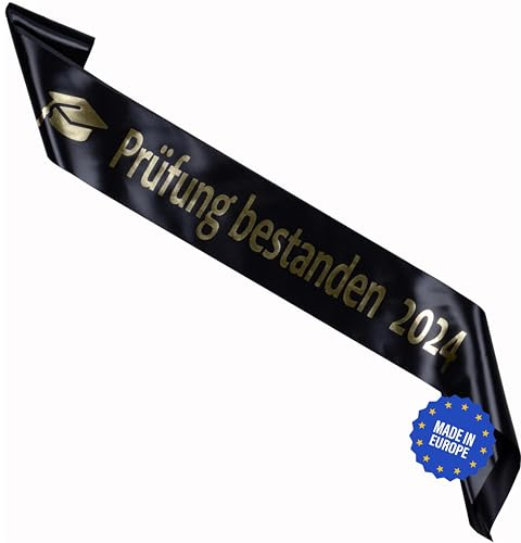 KEPI - Schärpe für Schulabschluss mit Aufschrift (Prüfung bestanden), Jubiläumsjahr 2025, Gelegentliche Schärpe aus Satin, Universalgröße 170/10 cm, Party Deko - Schwarz mit Goldener Aufdruck