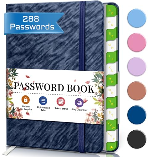 BLESWIN Passwortbuch mit Alphabetischen Registerkarten, Hardcover Kleine Passwortbücher für Senioren, Internet Passwort Logbuch Journal Website Adresse Login - Dunkelblau
