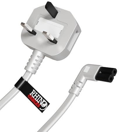 rhinocables Figure 8 Mains Right Angle End TV Power cable (2m, White) | UK Plug to IEC C7 Fig8 2Pin 90 Degree Lead Power Supply Cord compatible with Xbox, Printer