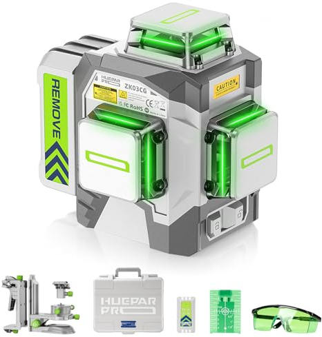 Huepar Pro livella laser autolivellante 360, livello laser Verde professionale Altamente Preciso con Batteria Ricaricabile agli Ioni di Litio da 8000mAh, Supporto Multifunzione e Custodia Rigida