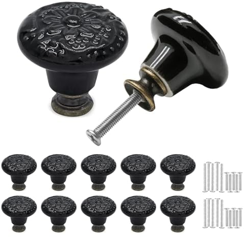 Misuyue 10pcs Ceramic Door Knobs, Black Cabinet Knobs, Vintage Drawers Knobs, 34mm Chic Antique Cupboard Knobs, Flower Pattern Round Wardrobe Knobs for Decorative Furniture
