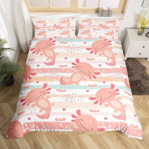 Manfei Nette Axolotl Bettbezug S Größe,Regenbogenstreifen Bettwäsche Set mit 1 Kissenbezug,Tier Thema Tröster Bezug für Kinder Teens Zimmer Dekor,Rosa romantische weiche Quilt Cover