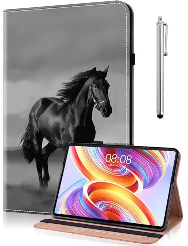 Hülle für Amazon Fire HD 10 Tablet (9. Gen 2019 & 7. Gen 2017) mit Stylus, Fire HD 10 2019/2017 Hülle Ständer, PU Leder Wallet Cover Case mit Kartenschlitz -Schwarzes Pferd