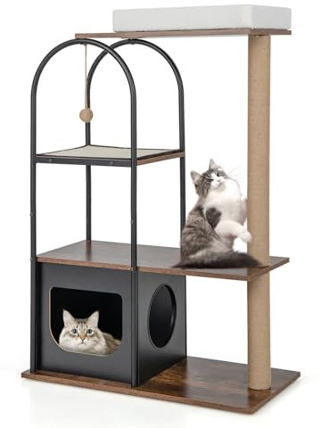 COSTWAY Arbre à Chat avec Cadre en Métal, Tour à Chat de 118 CM avec Condo en Bois, Centre d'Activités pour Chaton avec Griffoir en Jute Et Boule Suspendue, Charge 20 KG Chaque Couche (Noir)