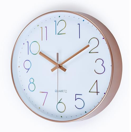 jomparis 30cm Rund Wanduhr Modern Quartz Bunt Wanduhr ohne Ticken Analoge Wanduhr Dekor für Wohnzimmer,Büro,Kinderzimmer,Küche(Roségold)