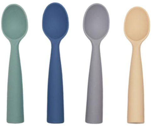 WMUVAZA Cuillere Bebe, 4 pièces Cuillere Bebe Apprentissage, Cuillères pour Bébé Anti-dérapant, Cuillères en Silicone Bébé Ultra-douce, pour Auto-Alimentation et Sevrage Guidé, multicolore