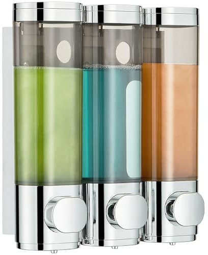 modunful Shower Dispenser 3 Chamber No Drill Shampoo Dispenser for Shower Wall Mounted Shampoo Conditioner Body Wash for Bathroom,Large Capacity,Chrome