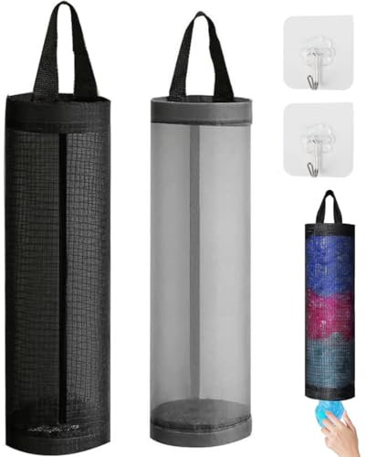 JEYORZY 2 soportes para bolsas de plástico, Dispensadores de Almacenamiento Colgantes Plegables Organizador,estante de malla transpirable con ganchos,para colgar bolsas de basura