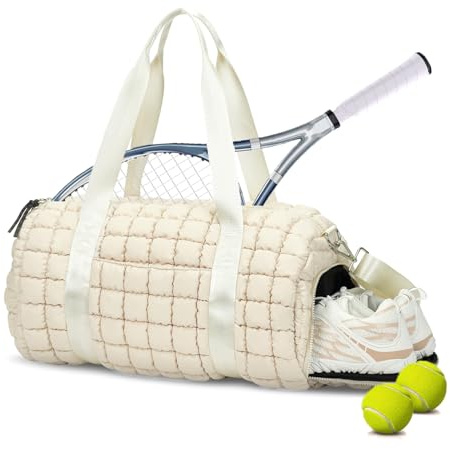 Lushandy Gesteppte Seesack für Damen, Puffer Gym Duffle Bag mit Schuhfach, Puffy Duffle Bag für Reisen, Übernachtung, Handgepäcktasche, Workout, Wochenendtasche, Elfenbein, 18.9 x 9.4 x 9.4 inches,