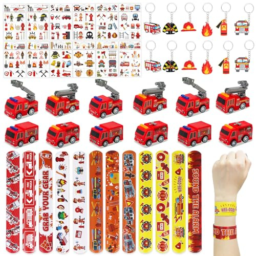 48Stück Feuerwehrmann Party Mitgebsel, Feuerwehrmann Party Spielzeug mit Schlüsselanhänger Slap Armbänder Tattoo Schlüsselanhänger, Feuerwehrauto Halloween Adventskalender Geburtstag Deko für Jungen