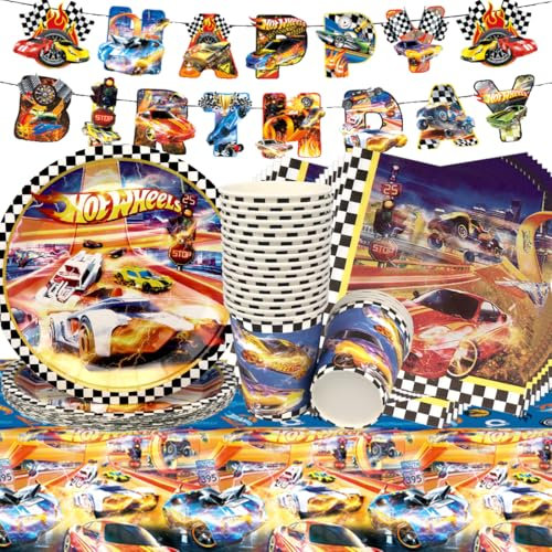 Rennwagen Geburtstag Deko,Doyomtoy 62 Stück Partygeschirr Rennauto Geburtstag Party Set Geburtstagsteller Tassen Servietten für Racing Car Geburtstags Party Zubehör Supplies