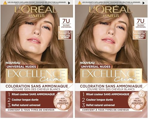 L’ORÉAL PARIS - Coloration Cheveux Cheveux Permanente - Sans Ammoniaque - Couvre 100% des Cheveux Blancs - Excellence Crème Universal Nudes - Nuance : Blond Universel (7) (Lot de 2)