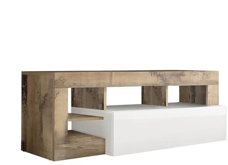 AltoBuy Arturo - Meuble TV 1 Abattant Blanc Laqué Encadrement Niches Aspect Bois Antik