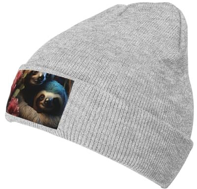 GlbnSHeric Beanie-Mütze für Damen und Herren, Strickmütze, ein Faultier und ein Baby-Faultier-Beanie, warme Wintermütze, Strickmütze, grau, Einheitsgröße