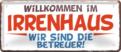 schilderkreis24 Blechschild 28x12cm – „Willkommen im Irrenhaus – Wir sind die Betreuer!“ – Humorvolle Wanddeko für Zuhause, Büro & Partykeller