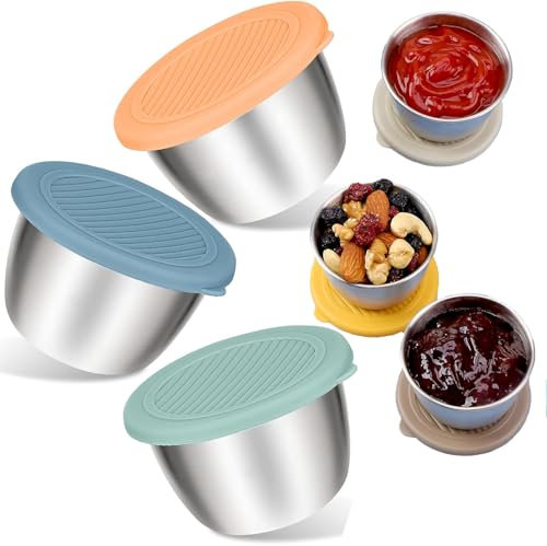 QUEXLAI 6 Pieces Salad Dressing Containers, 80 ml Sauce Container, Small Stainless Steel Spice Container, Dip Bowl Set, Food Container in the Shape of Mini Tin with Lid for Snack, Dips, Salad and