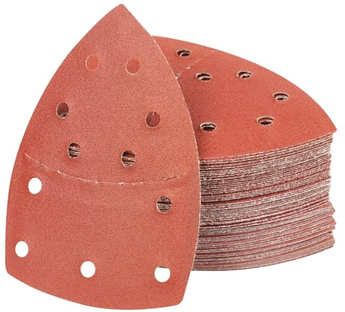 PMIQSA 100 Stück 120 Körnung Deltaschleifer Schleifpapier Klett Schleifdreiecke Schleifpads 152x105mm Multischleifer Schleifpapier für Holz Beton Metal Dreieckschleifer