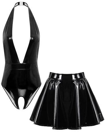 TiaoBug Damklänning Wetlook Body Ouvert Stringbody Neckholder Rygglös Topp Djup V-ringning Topp och Lack Läder Kjol Mini Faltad Kjol Gogo Klubbklädsel, svart, XXL