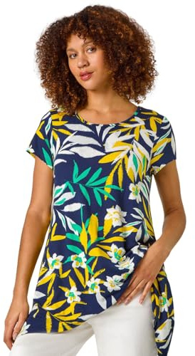 Roman Originals Hanky Hem Tunic Top for Women UK - Ladies Longline Blouse Asymmetric Hemline Short Sleeves Casual Slouch Loose Summer Spring Relaxed Comfortable - Yellow Leaf - Size 12