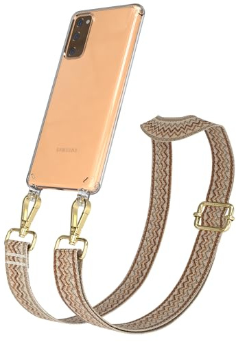 EAZY CASE Handykette - Verstellbares Taschenband kompatibel mit Galaxy S20 FE, Schulterriemen, Handykordel mit Silikon Hülle, Umhängetasche, Wellen - Beige Braun Metall Gold