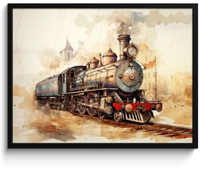 MuchoWow© Wandbilder mit Rahmen 80x60 cm Wanddeko Bilder Wohnzimmer Moderne Zimmerdeko Geschenk Bilderrahmen Vintage - Zug - Gleis - Gebäude - Beige