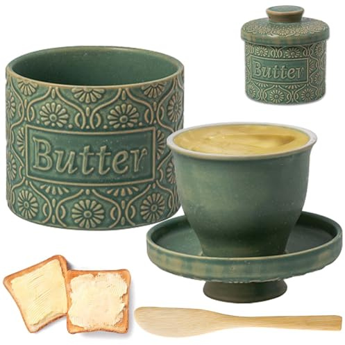 Französische Butterdose, Keramik Butterglocke mit Deckel und Buttermesser, Butterbehälter Wassergekühlt, Porzellan-Buttertopf mit Wasserlinie Vintage-Design für streichfähige Butter (Grün, L)