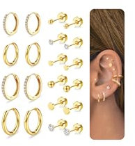 Nelytiya 10 Paar Ohrringe Set Gold 316L Chirurgenstahl Medizinische Ohrstecker und Klein Creolen Ohrringe Set Hypoallergene 18K Vergoldet Helix Tragus Piercing Ohr Damen Gold