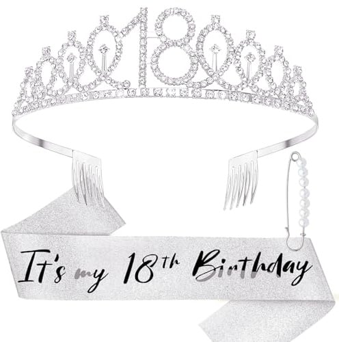 DRESHOW 18 Compleanno Corona e Fusciacca per le Donna 18 Compleanno Ragazza Sash & Strass Tiara Set Decorazioni di Accessori per Capelli Sash Glitter per la Festa